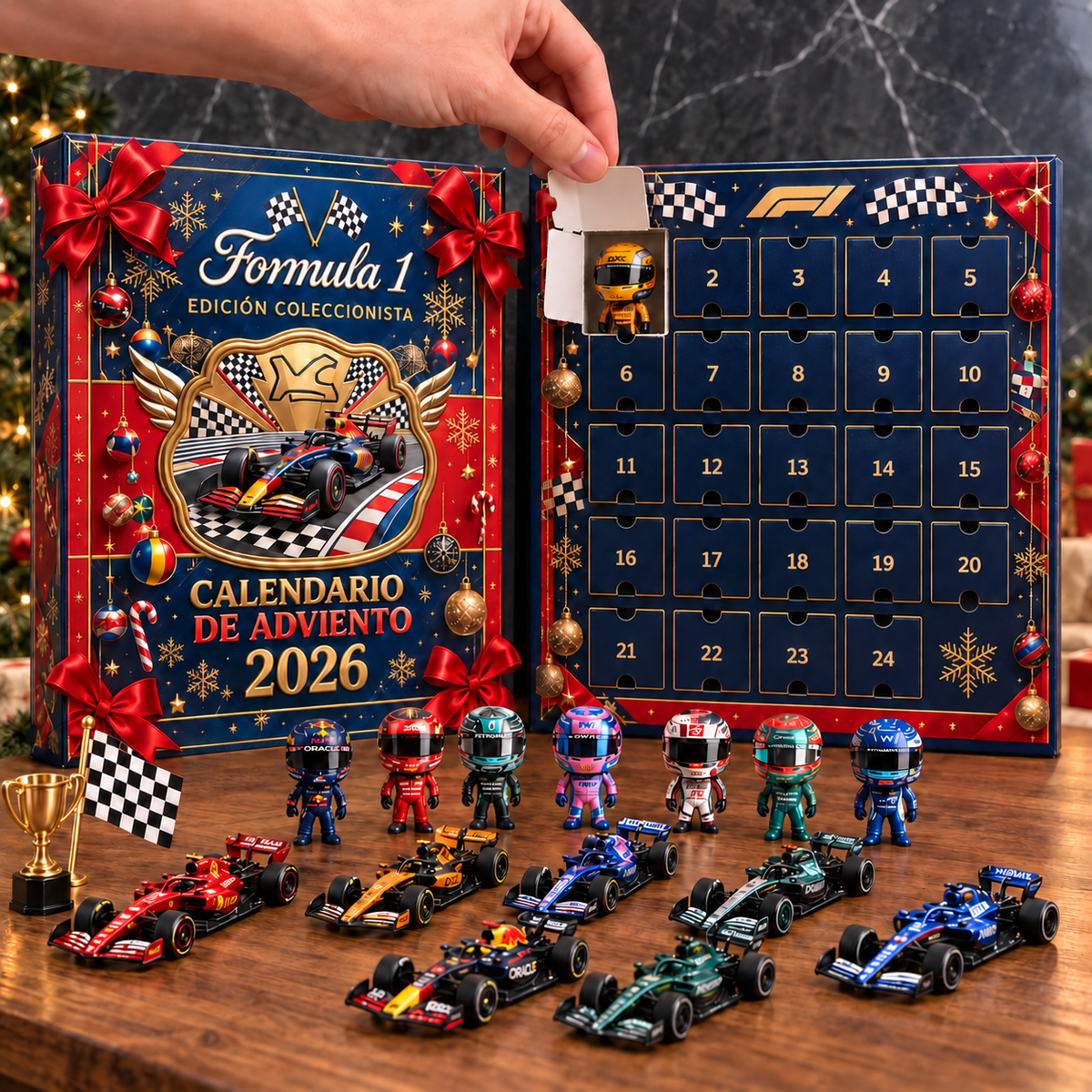 Calendario de adviento con 24 casillas, la primera abierta con un piloto, y coches en miniatura