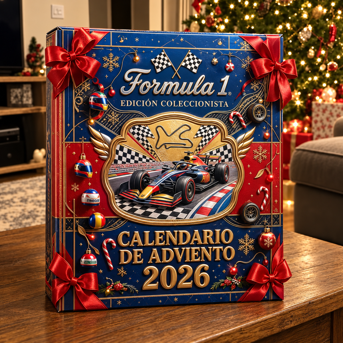 Calendario de adviento de automovilismo 2026 sobre una mesa junto al árbol de Navidad