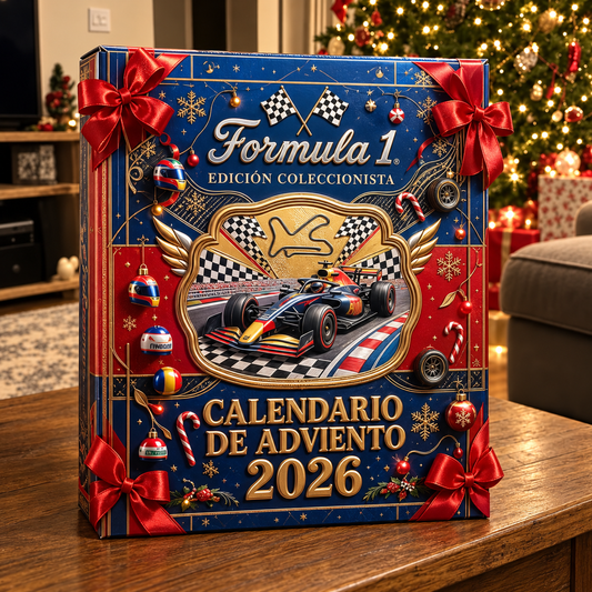 Calendario de adviento de automovilismo 2026 sobre una mesa junto al árbol de Navidad