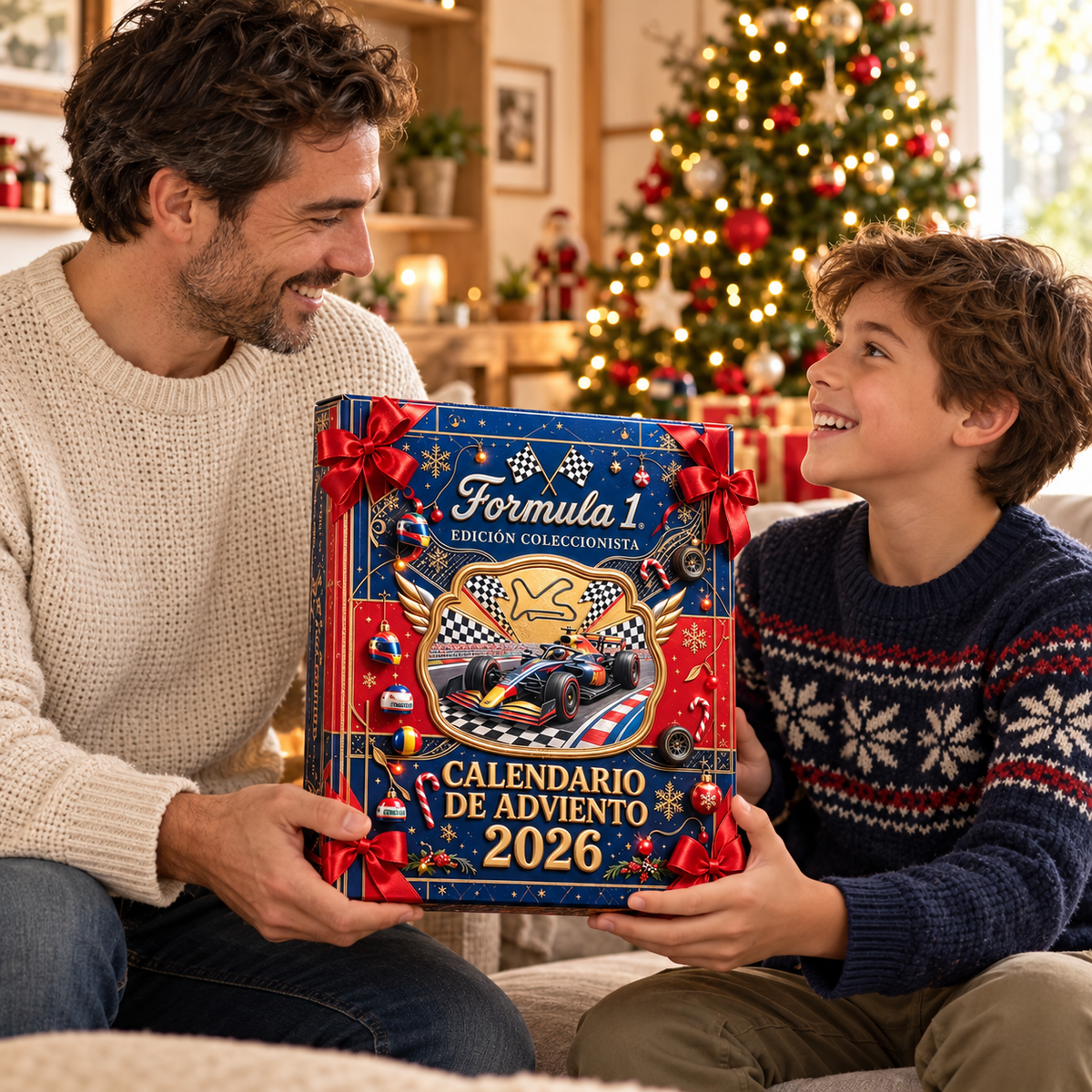 Un padre entrega el calendario de Adviento Polevento a su hijo